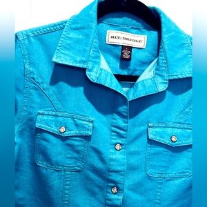 Western Bit & Bridle Turquoise Aqua Blue Rose Snap Pearl Button Denim Shirt Sz s